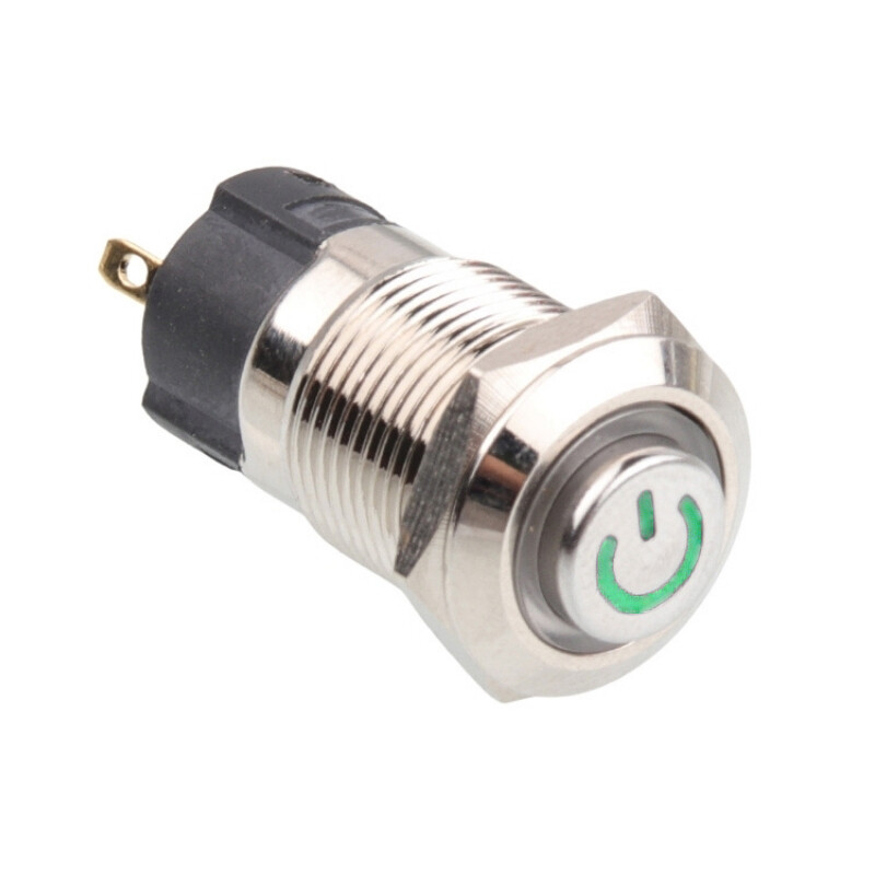  12a-g1-c 12mm Çıkık Yaylı Işıklı Power Metal Buton - Yeşil