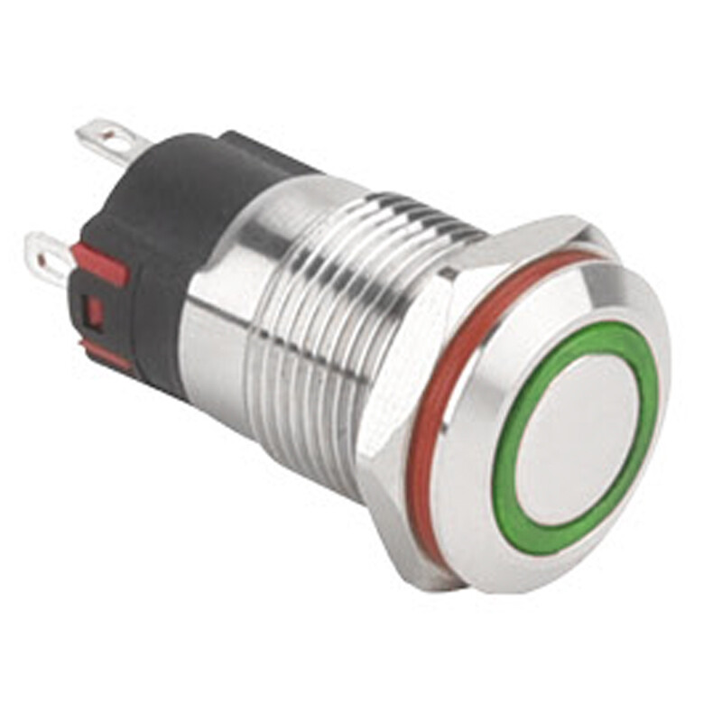  12a-p1-e 12mm Düz Yaylı Işıklı Metal Buton - Yeşil
