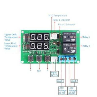 12V 2 Channel Relay Output Digital Thermostat - Red/Green - 3