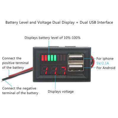12V Battery Capacity Indicator - 5V 2A USB Output - 4