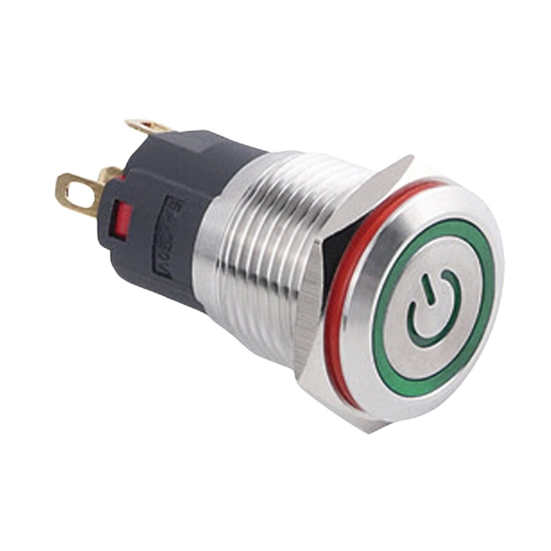  16a-p1z-ec 16mm Düz Anahtarlı Işıklı Power Metal Buton - Yeşil
