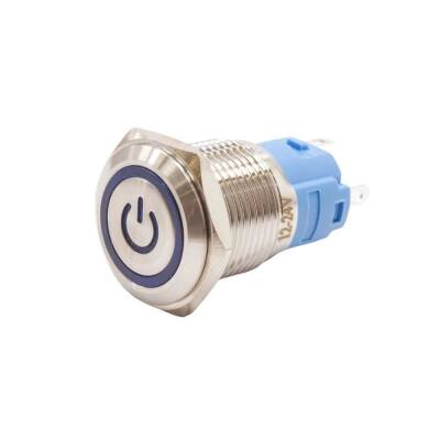 16A-P1Z-EC 16mm Flat Self Locking Illuminated Power Metal Button - Blue - 1