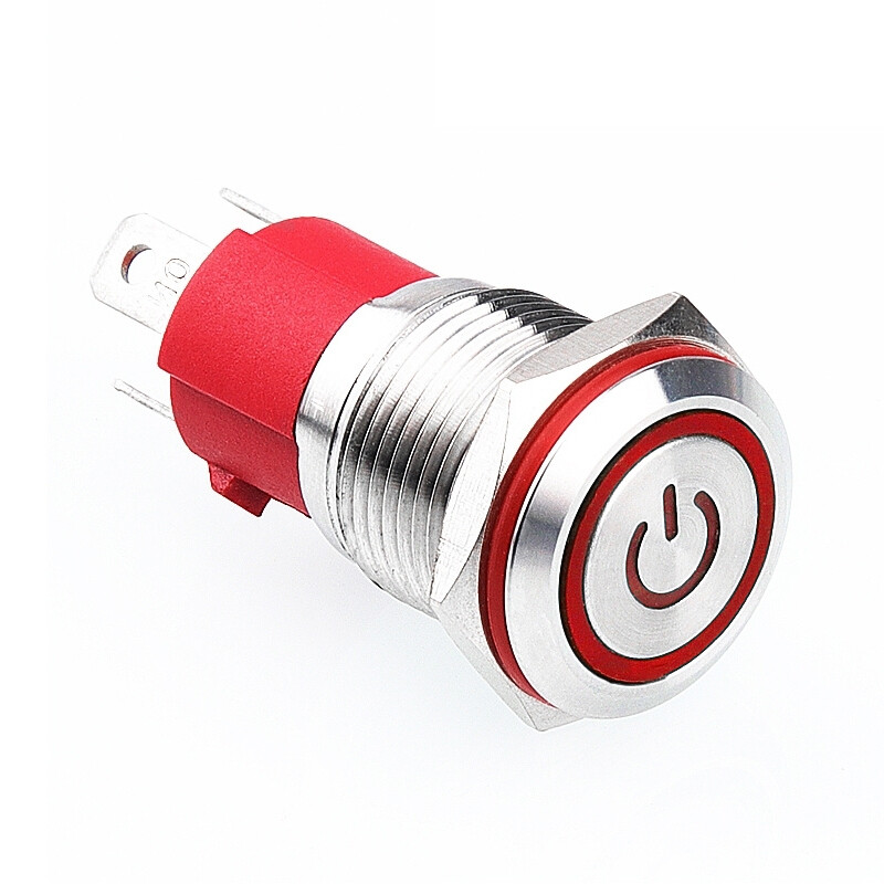  16d-p1z-ec 16mm Düz Anahtarlı Işıklı Power Metal Buton - Kırmızı
