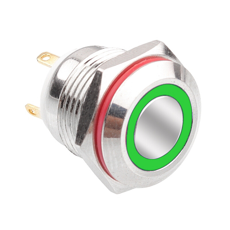  16h-p1-e 16mm Düz Yaylı Işıklı Metal Buton - Yeşil