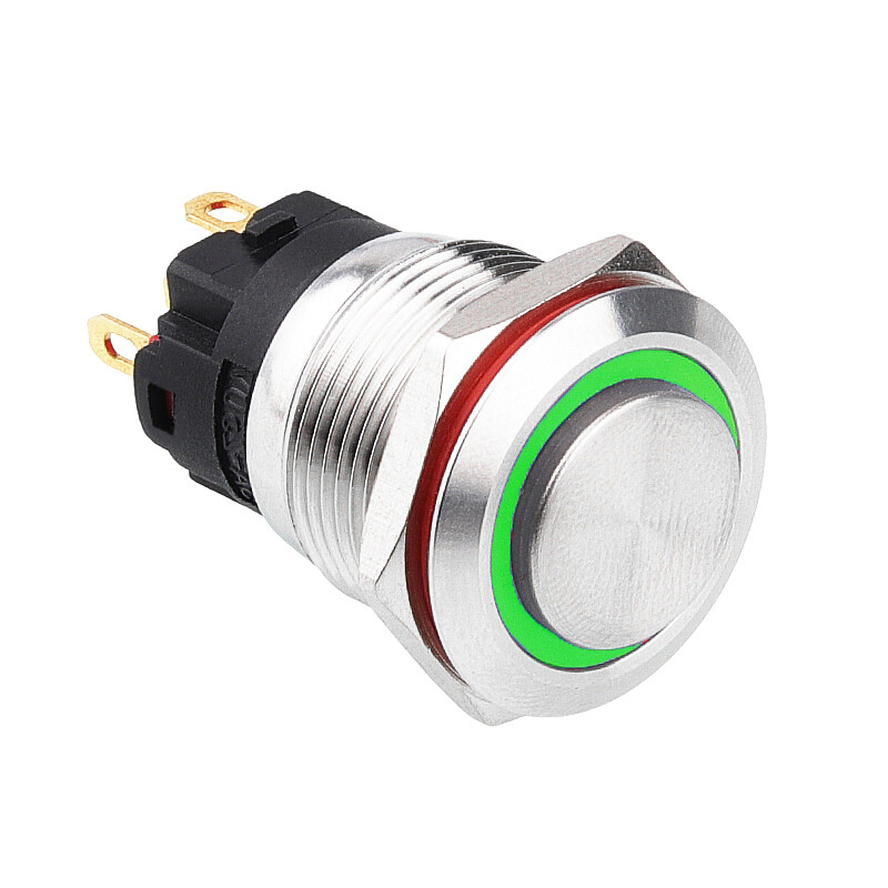  19a-g1-e 19mm Çıkık Yaylı Işıklı Metal Buton - Yeşil