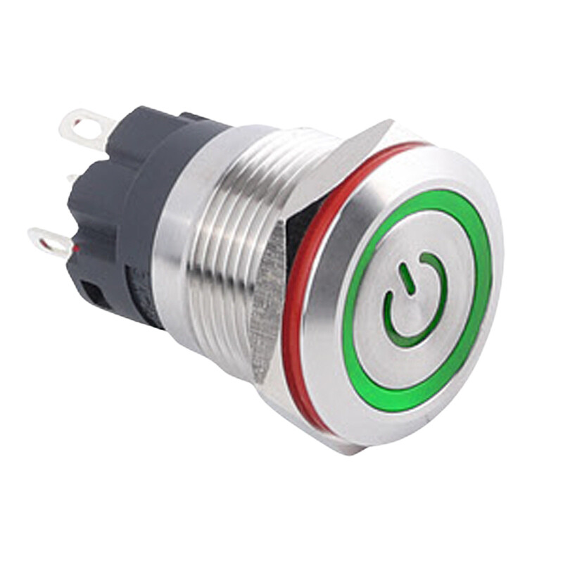  19a-p1z-ec 19mm Düz Anahtarlı Işıklı Power Metal Buton - Yeşil