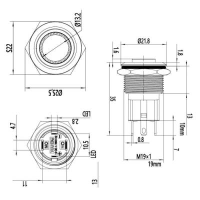 19D-G1-E 19mm Çıkık Yaylı Işıklı Metal Buton - Yeşil - 3