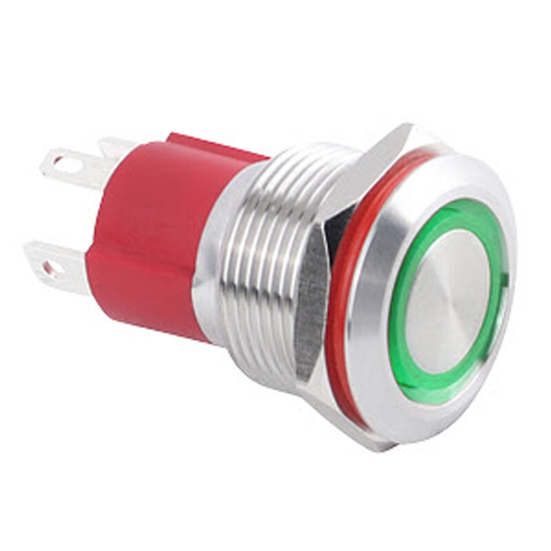  19d-p1-e 19mm Düz Yaylı Işıklı Metal Buton - Yeşil