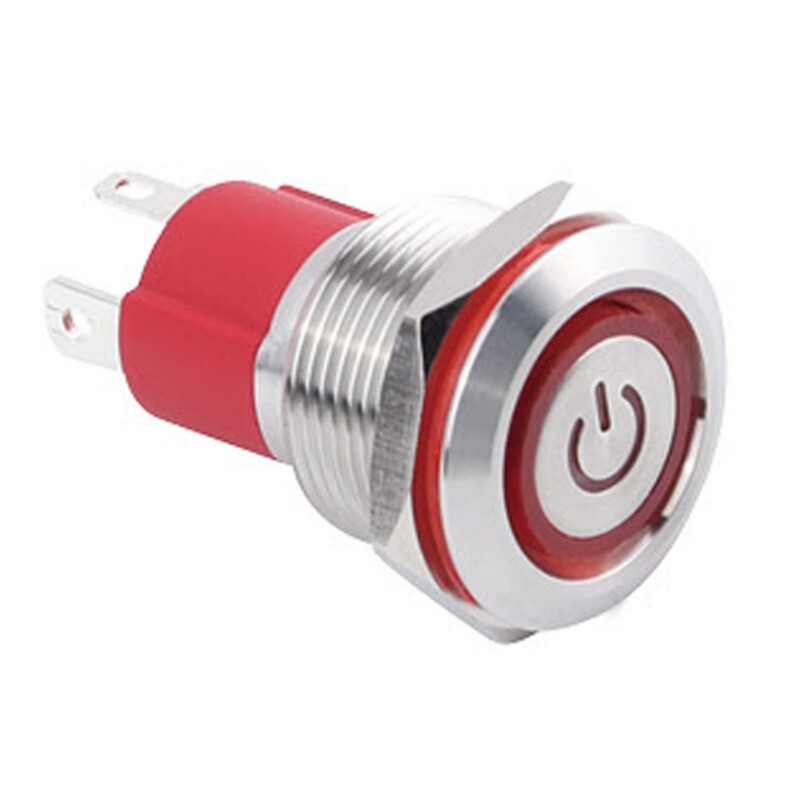  19d-p1z-ec 19mm Düz Anahtarlı Işıklı Power Metal Buton - Kırmızı