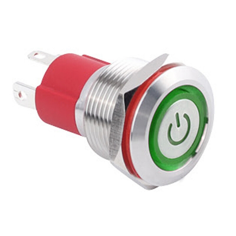  19d-p1z-ec 19mm Düz Anahtarlı Işıklı Power Metal Buton - Yeşil
