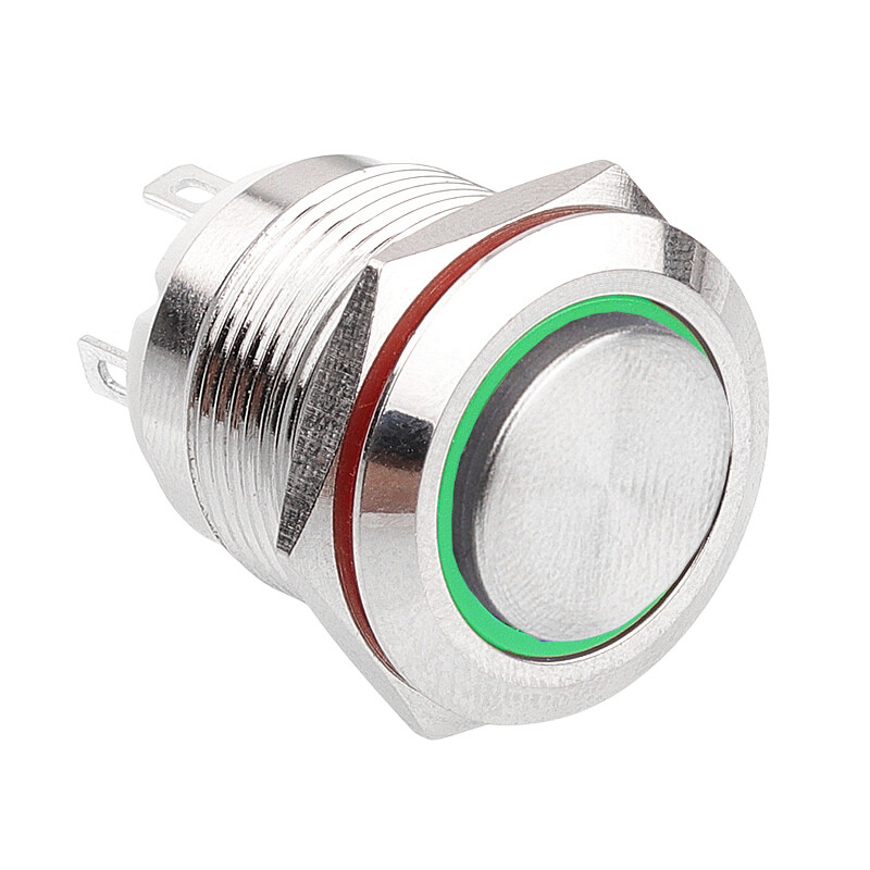  19h-g1-e 19mm Çıkık Yaylı Işıklı Metal Buton - Yeşil