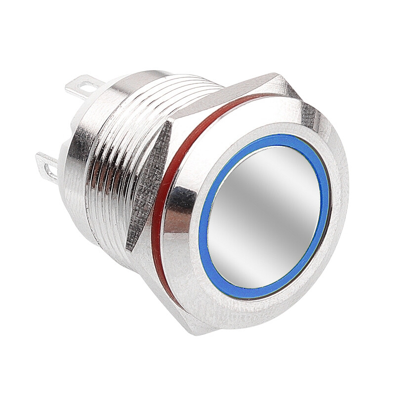 19h-p1-e 19mm Düz Yaylı Işıklı Metal Buton - Mavi