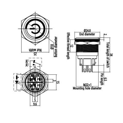 22B-P1Z-EC 22mm Düz Anahtarlı Işıklı Power Metal Buton - Beyaz - 3