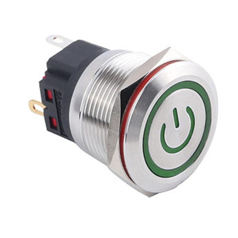  22b-p1z-ec 22mm Düz Anahtarlı Işıklı Power Metal Buton - Yeşil