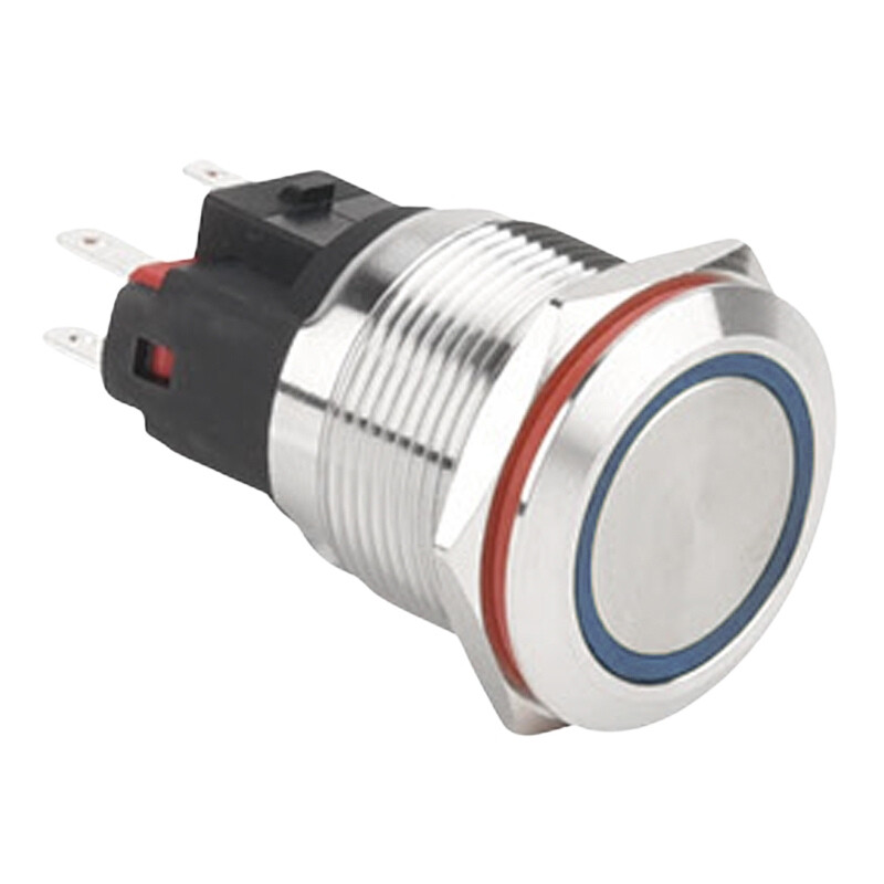  22e-p1-e 22mm Düz Yaylı Işıklı Metal Buton - Mavi