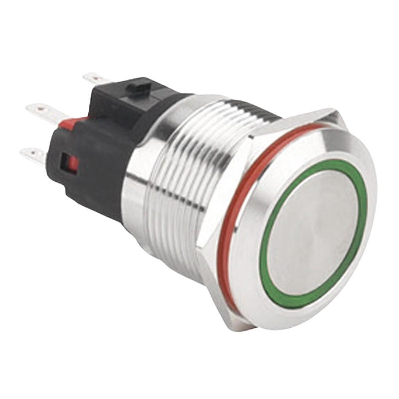  22e-p1-e 22mm Düz Yaylı Işıklı Metal Buton - Yeşil