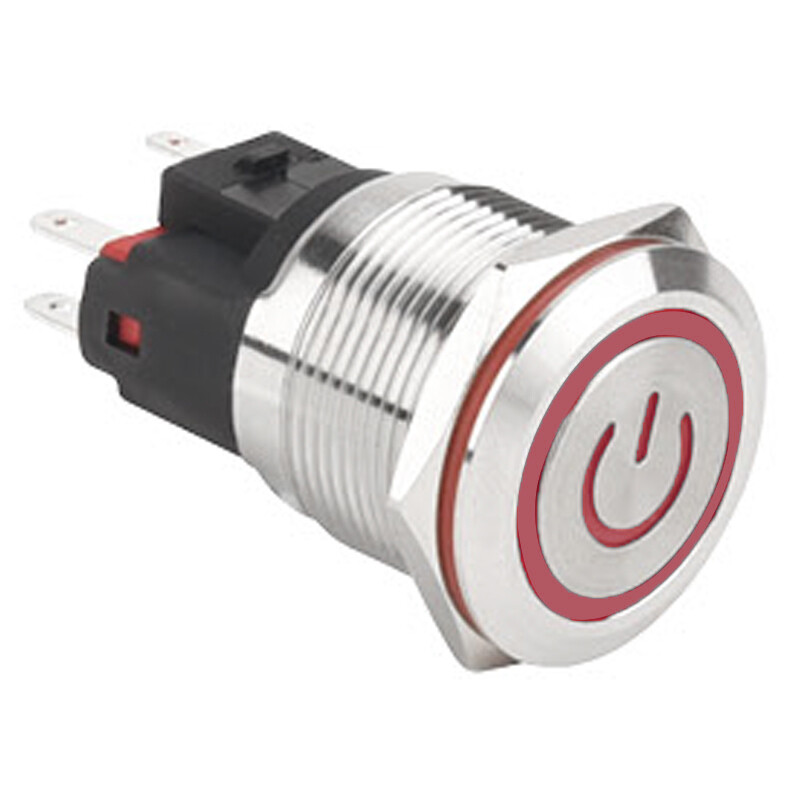  22e-p1-ec 22mm Düz Yaylı Işıklı Power Metal Buton - Kırmızı