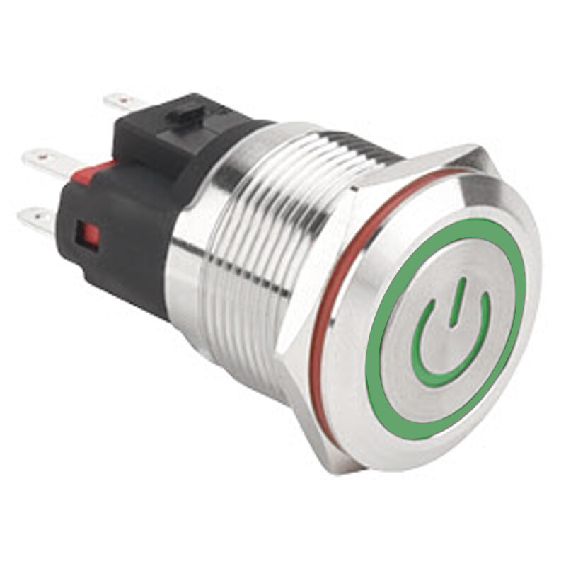  22e-p1-ec 22mm Düz Yaylı Işıklı Power Metal Buton - Yeşil