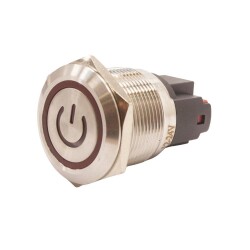 22E-P1-EC 22mm Flat Momentary Illuminated Power Metal Button - Red 