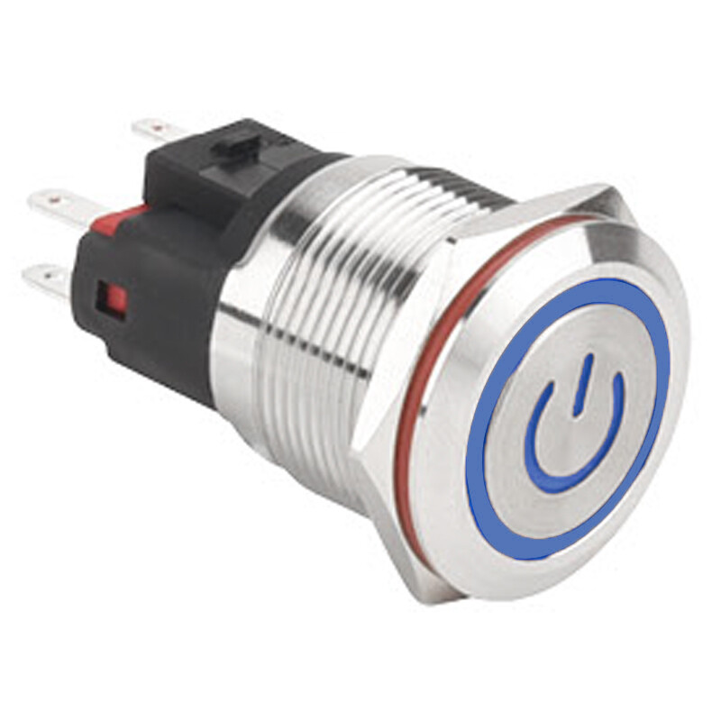  22e-p1z-ec 22mm Düz Anahtarlı Işıklı Power Metal Buton - Mavi