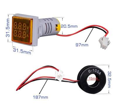 22mm Dijital Voltmetre-Ampermetre AC 20-500V 0-100A Beyaz - 2