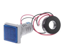 22mm Dijital Voltmetre-Ampermetre AC 20-500V 0-100A Mavi - 1