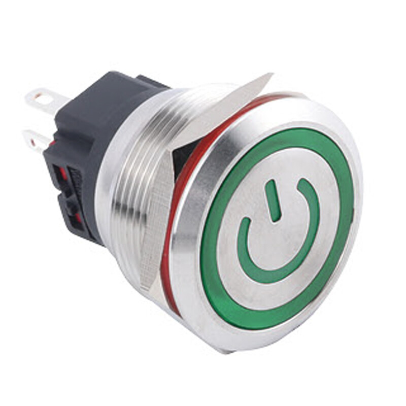  25b-p1-ec 25mm Düz Yaylı Işıklı Power Metal Buton - Yeşil