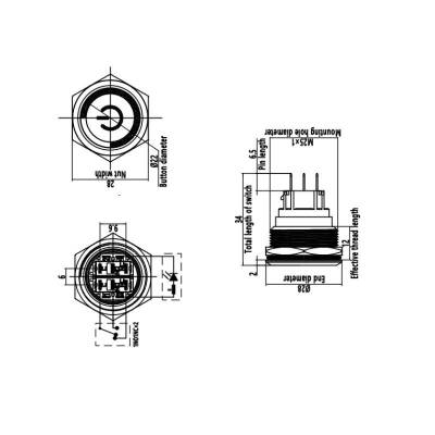 25B-P1Z-EC 25mm Düz Anahtarlı Işıklı Power Metal Buton - Sarı - 3