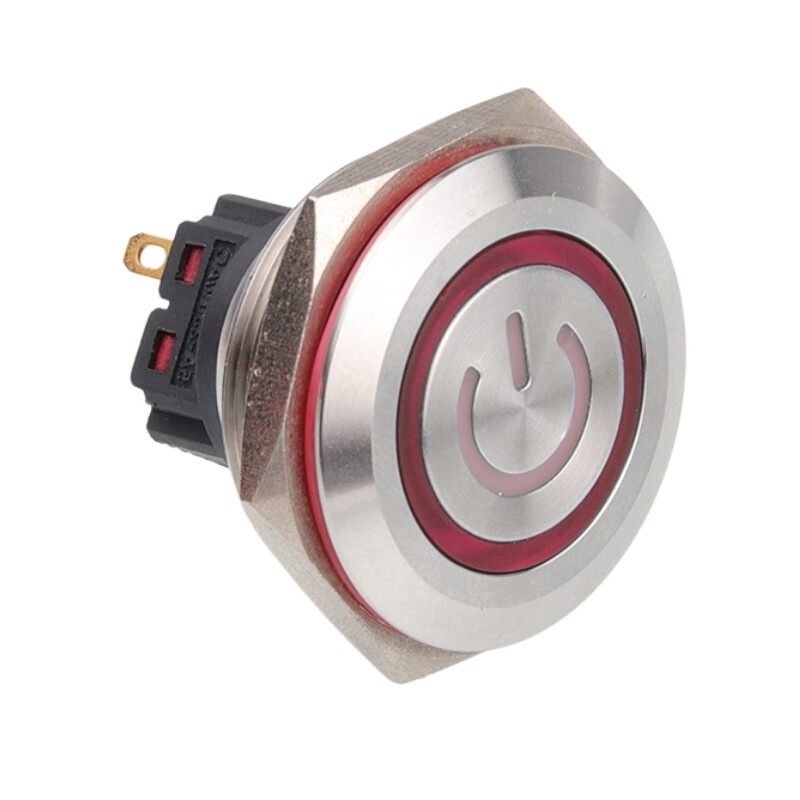 28b-p1-ec 28mm Düz Yaylı Işıklı Power Metal Buton - Kırmızı