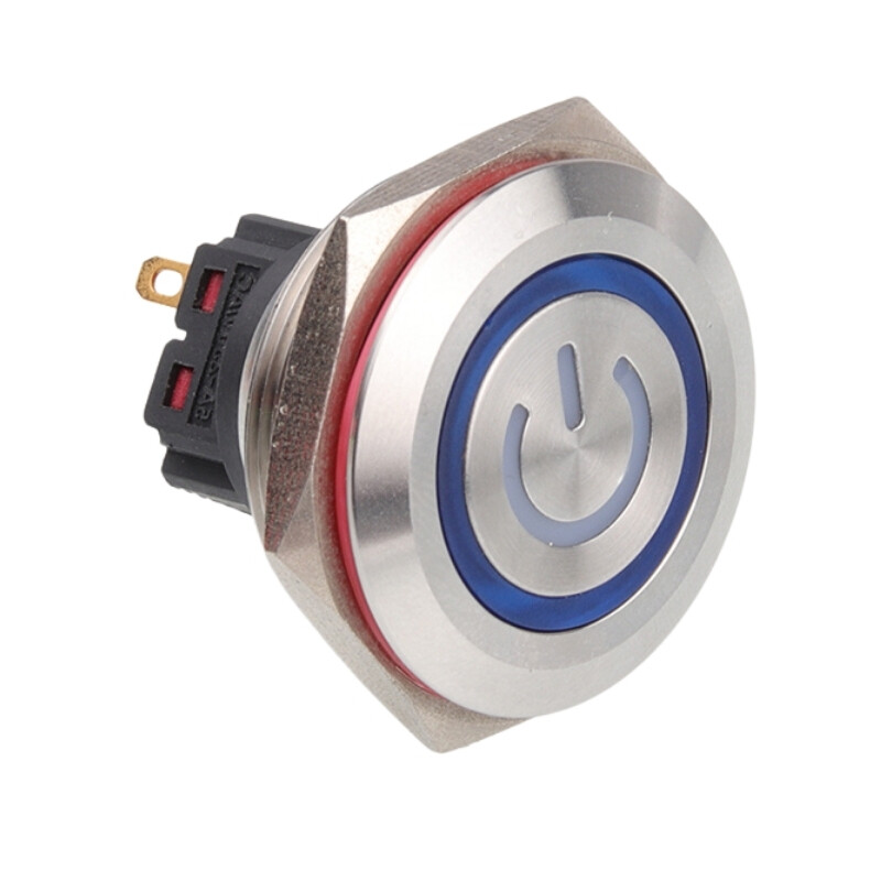  28b-p1-ec 28mm Düz Yaylı Işıklı Power Metal Buton - Mavi