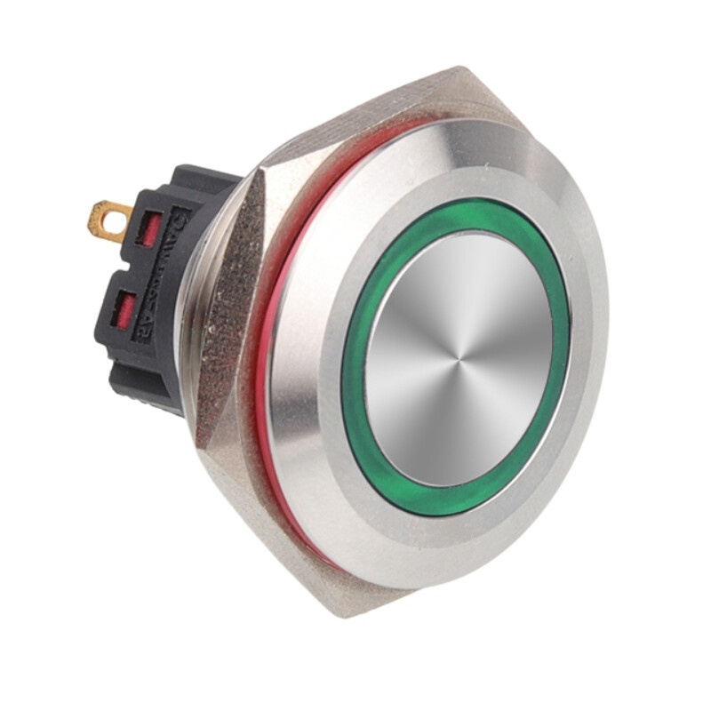  28b-p1z-e 28mm Düz Anahtarlı Işıklı Metal Buton - Yeşil