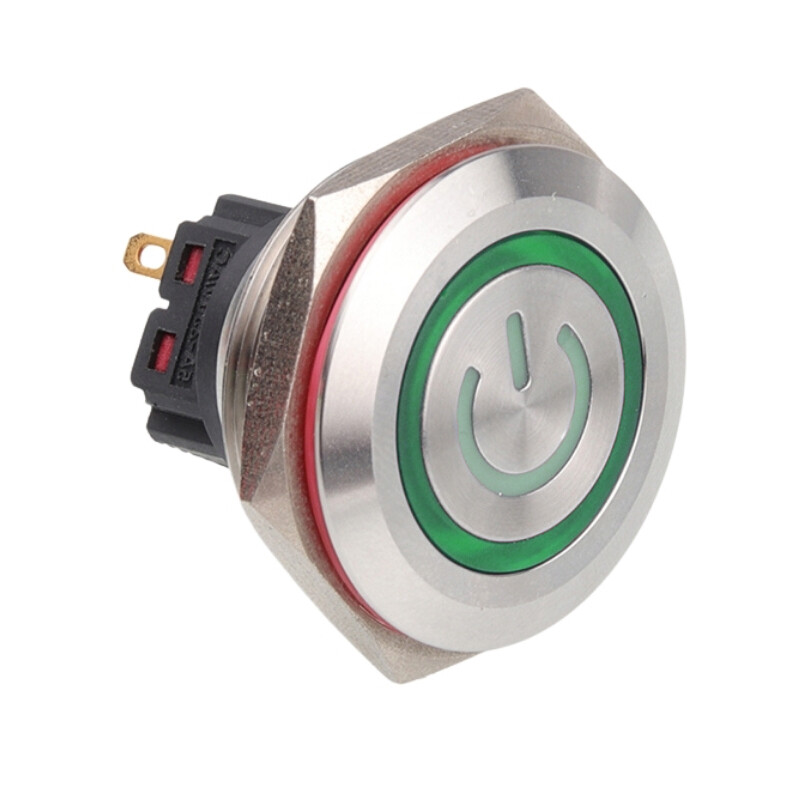  28b-p1z-ec 28mm Düz Anahtarlı Işıklı Power Metal Buton - Yeşil