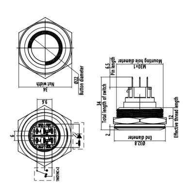 30B-G1Z-E 30mm Çıkık Anahtarlı Işıklı Metal Buton - Mavi - 3