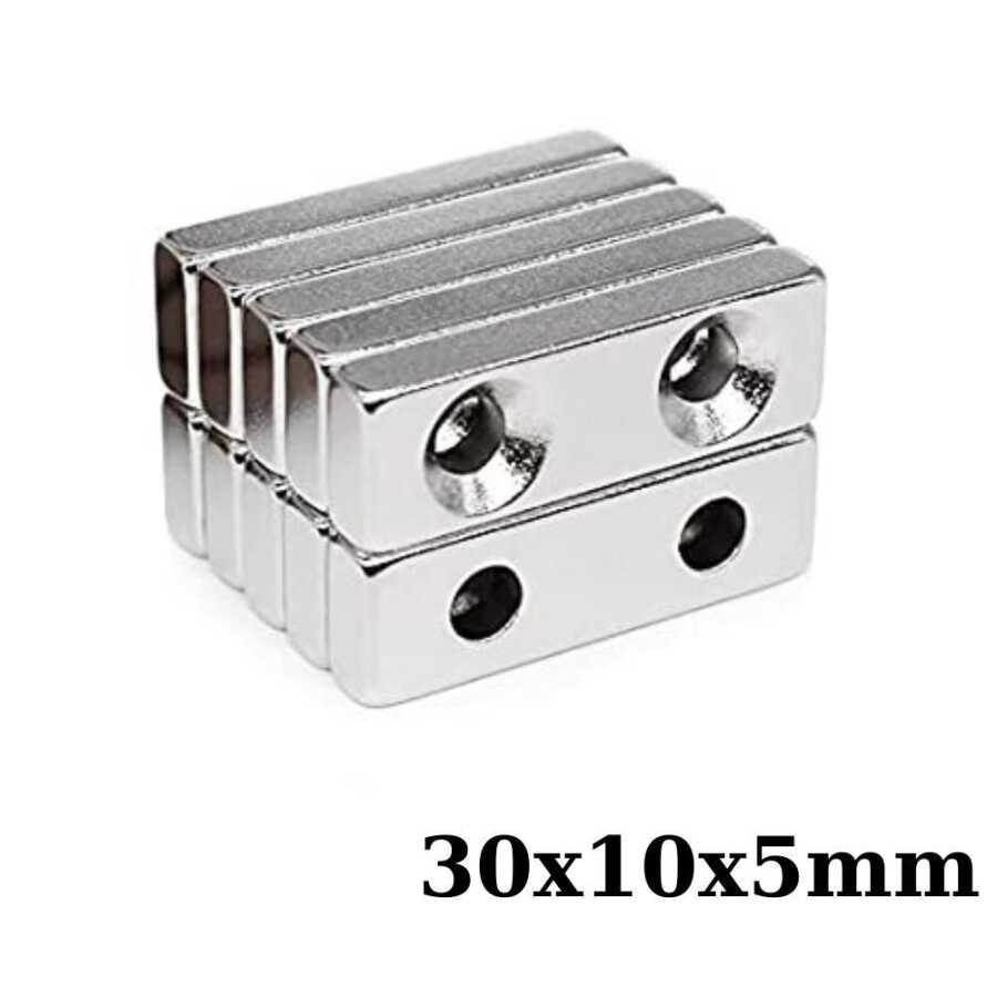  30x10x5-5mm Çift Havşa Delikli Neodyum Güçlü Mıknatıs - Neodim Magnet