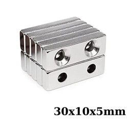 30x10x5-5mm Çift Havşa Delikli Neodyum Güçlü Mıknatıs - Neodim Magnet 