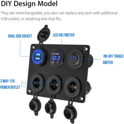 3'lü Dişi Çakmaklık Soketi 2x5V USB Voltaj Göstergeli ve Mavi Nokta Işıklı Anahtar Switch Panel - 2