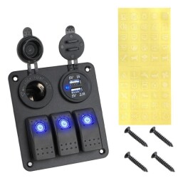3x ON-OFF Illuminated Switch Switch Panel with 2x5V USB and Cigarette Lighter Output - 1