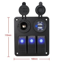 3x ON-OFF Illuminated Switch Switch Panel with 2x5V USB and Cigarette Lighter Output - 2
