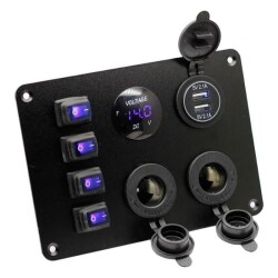 4-way ON-OFF Blue Waterproof Illuminated Switch Panel with 2x5V USB, 2xFemale Cigarette Lighter and Voltage Indicator - 1
