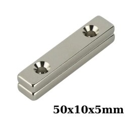 50x10x5-5mm Çift Havşa Delikli Neodyum Güçlü Mıknatıs - Neodim Magnet 
