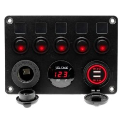 5'li ON-OFF Kırmızı Nokta Işıklı Anahtar Switch Panel 2x5V USB Çakmaklık ve Voltaj Göstergeli - 1