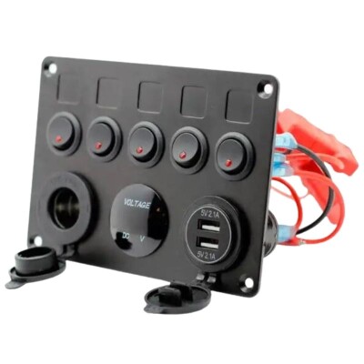 5'li ON-OFF Kırmızı Nokta Işıklı Anahtar Switch Panel 2x5V USB Çakmaklık ve Voltaj Göstergeli - 2