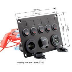 5'li ON-OFF Mavi Nokta Işıklı Anahtar Switch Panel 2x5V USB Çakmaklık ve Voltaj Göstergeli - 3