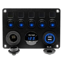 5'li ON-OFF Mavi Nokta Işıklı Anahtar Switch Panel 2x5V USB Çakmaklık ve Voltaj Göstergeli - 1