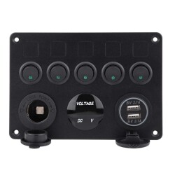 5'li ON-OFF Yeşil Nokta Işıklı Anahtar Switch Panel 2x5V USB Çakmaklık ve Voltaj Göstergeli - 3
