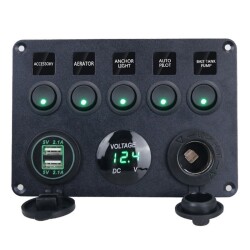 5'li ON-OFF Yeşil Nokta Işıklı Anahtar Switch Panel 2x5V USB Çakmaklık ve Voltaj Göstergeli - 1