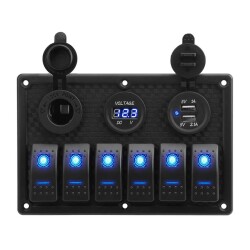 6 ON-OFF Blue Illuminated Switch Switch Panel with 2x5V USB Cigarette Lighter and Voltage Indicator 