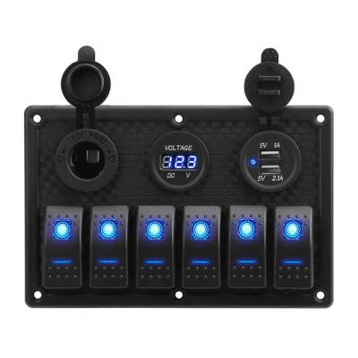 6 ON-OFF Blue Illuminated Switch Switch Panel with 2x5V USB Cigarette Lighter and Voltage Indicator - 1