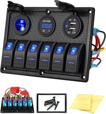 6 ON-OFF Blue Illuminated Switch Switch Panel with 2x5V USB Cigarette Lighter and Voltage Indicator - 2