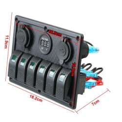 6 ON-OFF Blue Illuminated Switch Switch Panel with 2x5V USB Cigarette Lighter and Voltage Indicator - 3